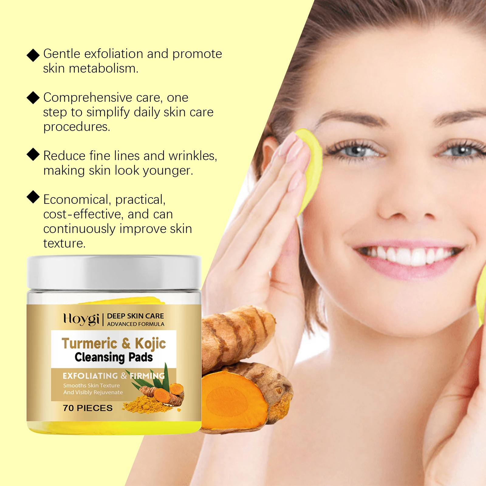 Il tampone detergente all'acido cogico alla curcuma esfolia delicatamente la pelle pulisce in profondità e schiarisce le macchie mantiene l'acqua e l'equilibrio dell'olio