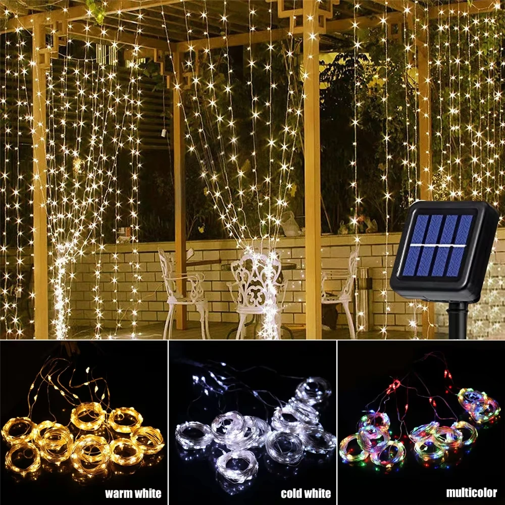 Luces de cortina solares LED, luces de hadas impermeables para exteriores con 8 modos para dormitorio, ventana, Patio, boda, vacaciones, decorativas