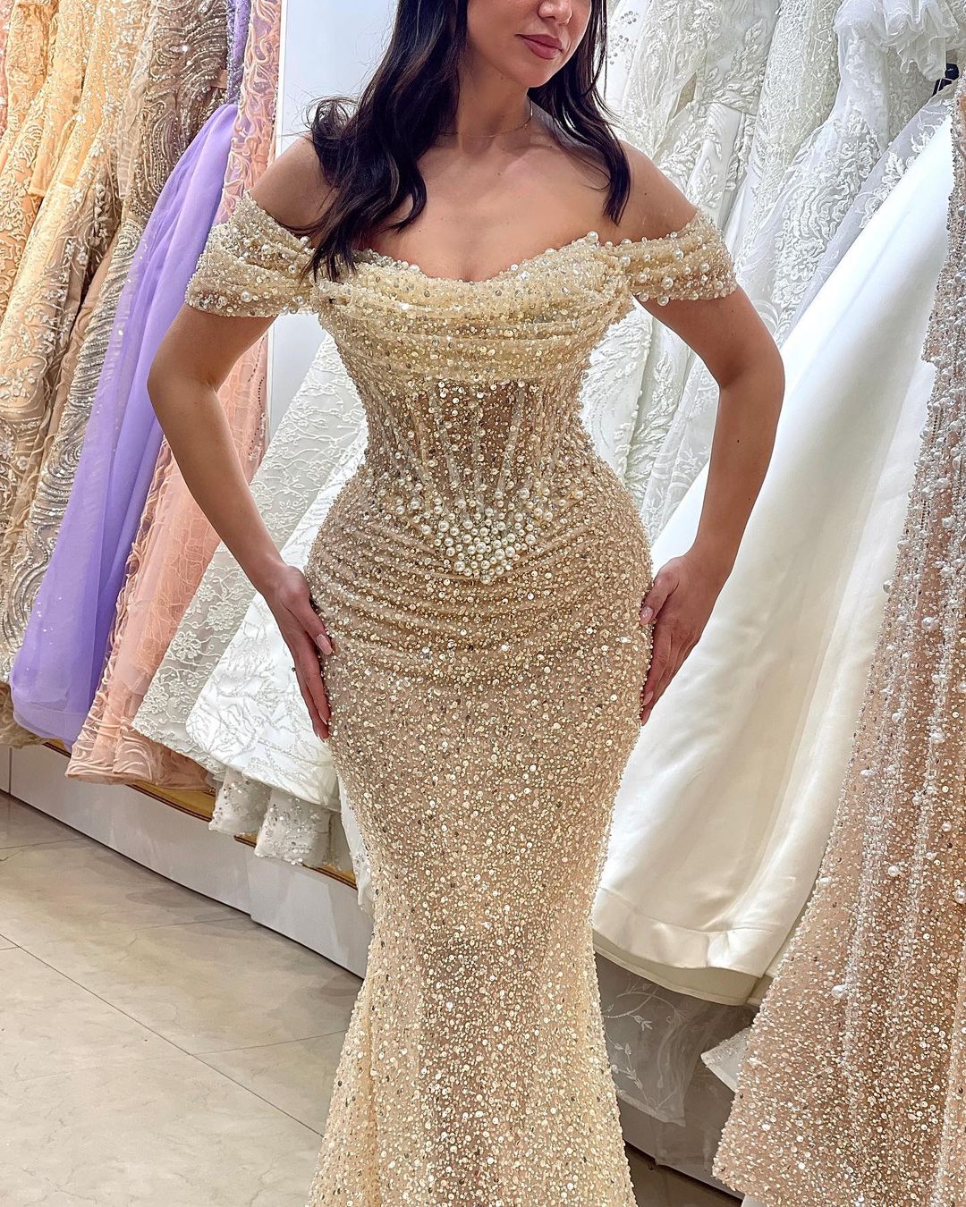 Elegante fora do ombro sereia vestidos, Pérolas brilhantes lantejoulas, Dubai Prom Dress, Festa de casamento, Vestidos de ocasião formal