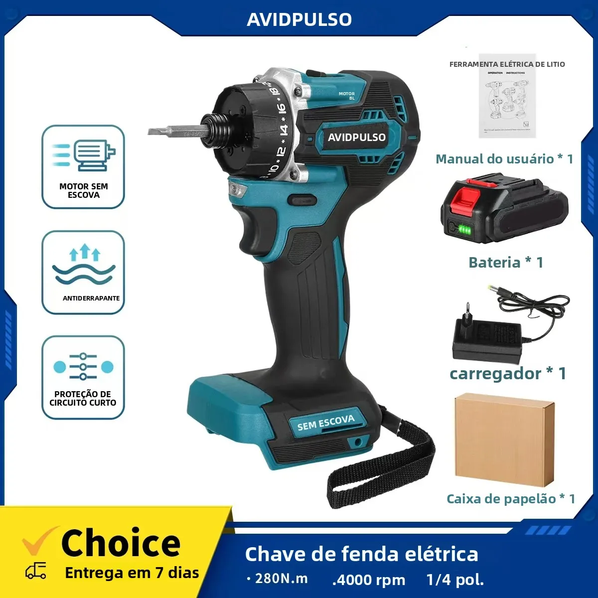 AvidPulse 20 + 1 Torque 1/4 polegadas Chave de fenda elétrica sem escova sem fio 280N.m Furadeira elétrica Ferramenta elétrica para Makita 18v Bateria
