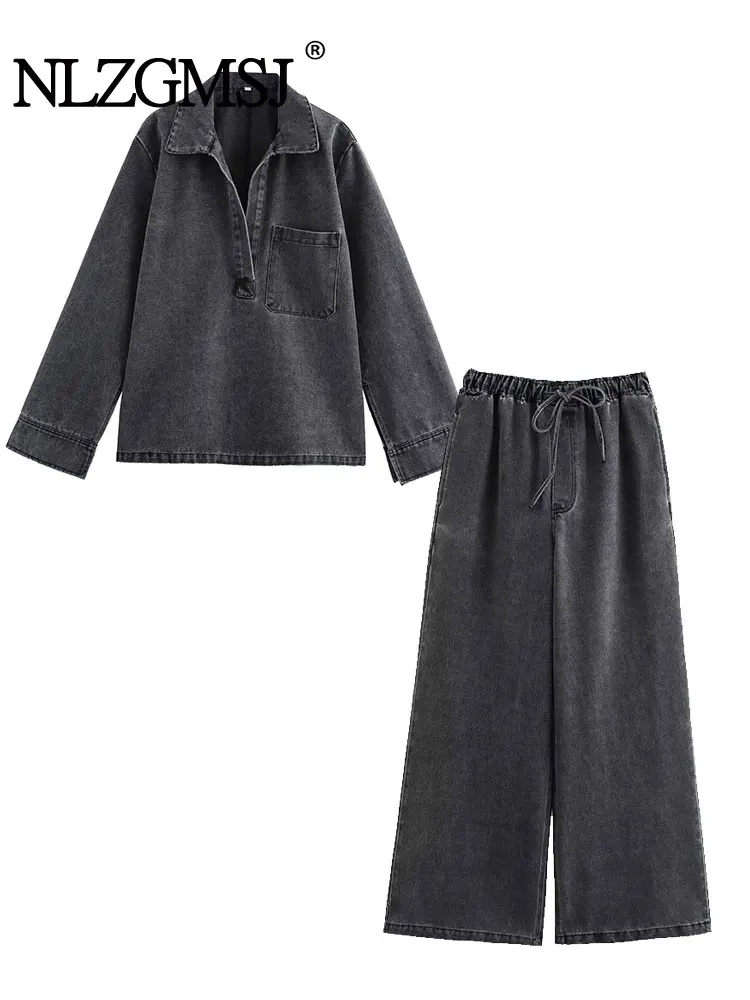 2024 herbst Jeans Sets Frauen drehen-unten Kragen Casual Top Mode Hohe Taille Streetwear Weibliche Denim Hose Zwei Stück set