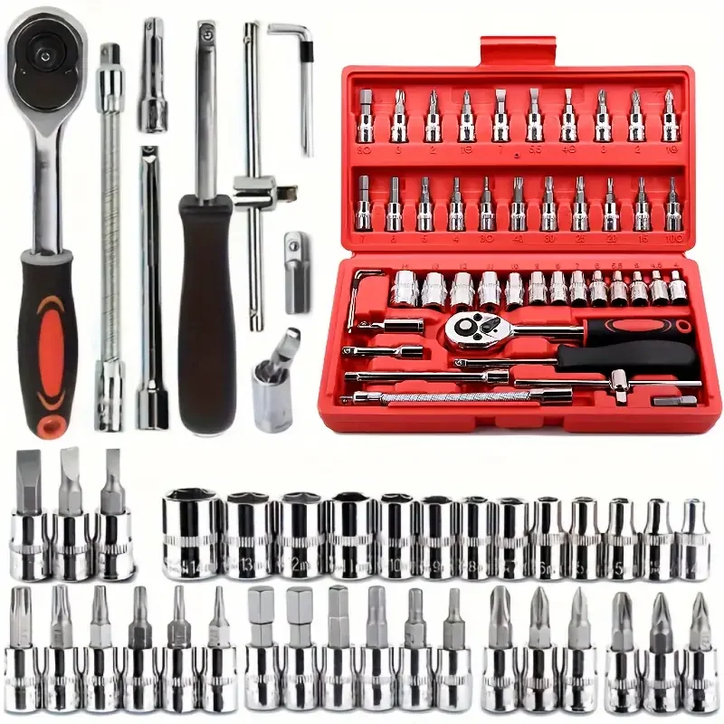Hi you: 46 piece car repair tool kit: ratchet torque wrench, wrench, screwdriver, socket set combination - perfect for bicycle a