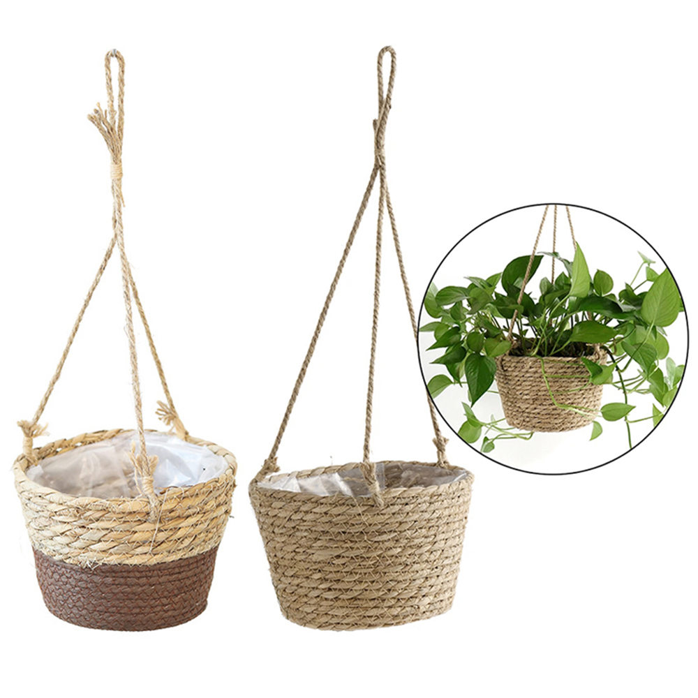 1PC Straw Hanging Basket Planter Twine Woven Flower Basket Rattan Basket Hanging Orchid Pot Pot Hanging Basin