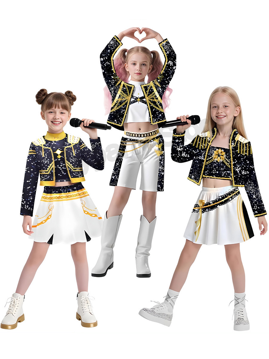 Children Girls Movie Kpop Mira Cosplay Costume Print Demon Hunters Zoey Rumi Cosplay Carnival Show Clothes Kids Girl Huntrix Set