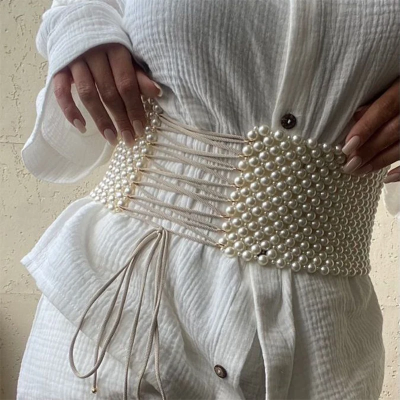 Trend ige Perle Taille Kette Frauen Mode Strass elastischen Kleid Bund Damen Designer dünne Hüftgurte Kleidung Accessoires
