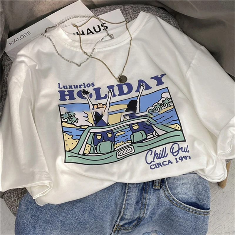 レトロアメリカンコットン半袖レディース Tシャツ夏ルーズシックトップホワイト香港スタイルトレンディラウンドネックプリント Tシャツ