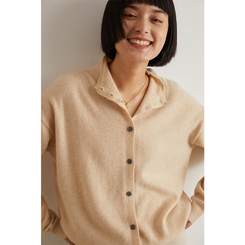Wool cardigan women's semi-high-necked solid color long-sleeved cashmere coat is slim and versatile knitted sweater.