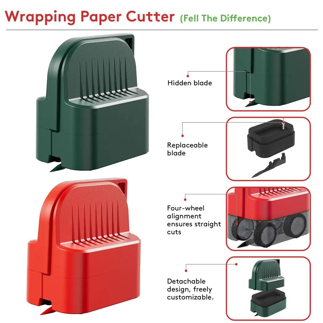 2 piece wrapping paper cutter, gift wrap cutter, Christmas gift wrapping paper roll cutter with 2 interchangeable blades