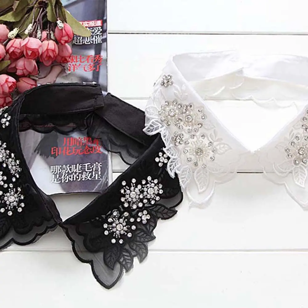 Cuello falso de encaje con diamantes de imitación para fiesta, Camisa de algodón con flores y hojas, a la moda