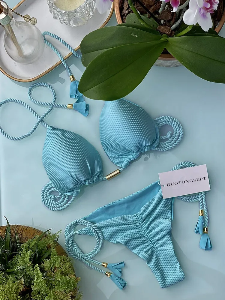 Maillot de bain à bandes ajustables pour femmes, ensemble deux pièces, sexy, couleur solide, triangle, vêtements de plage, été, 2023