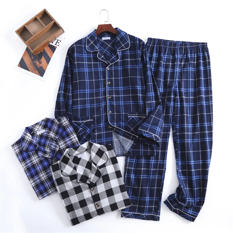 Costume pantalon brossé en flanelle de coton pour hommes, vêtements Design à carreaux avec boutons, ensemble pyjama, vêtements de maison, nouvelle collection automne et hiver