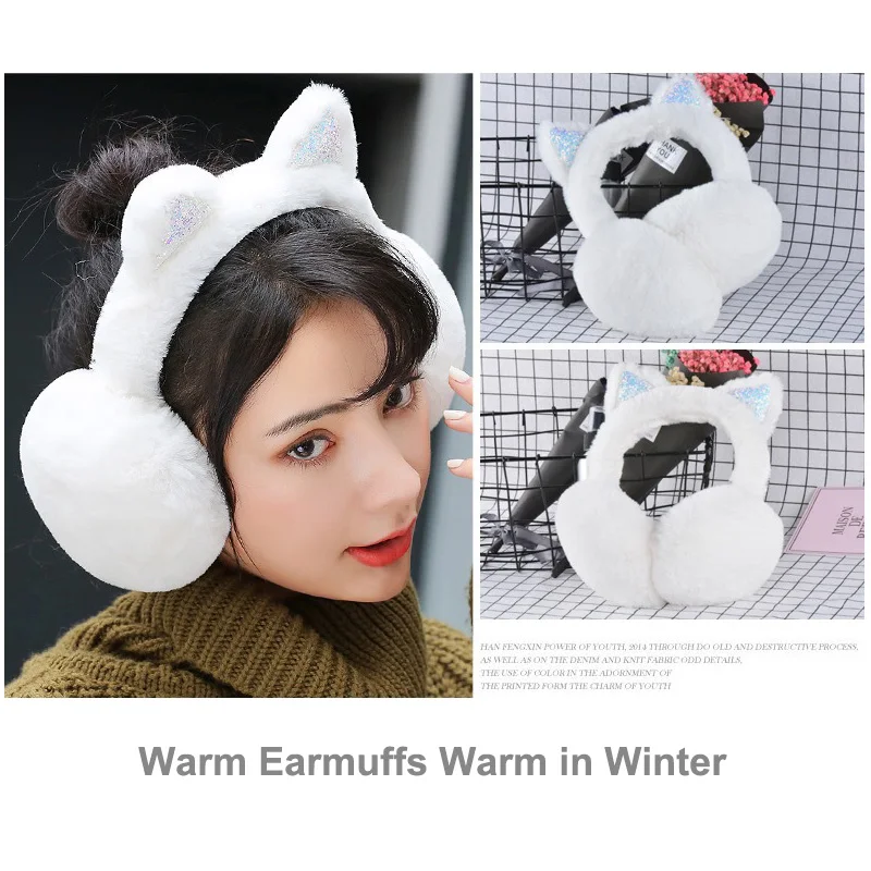 Nuevo lindo invierno cálido orejeras de gato orejas brillantes orejeras de felpa para mujeres niñas cubierta de oreja sólido suave orejeras de felpa orejeras