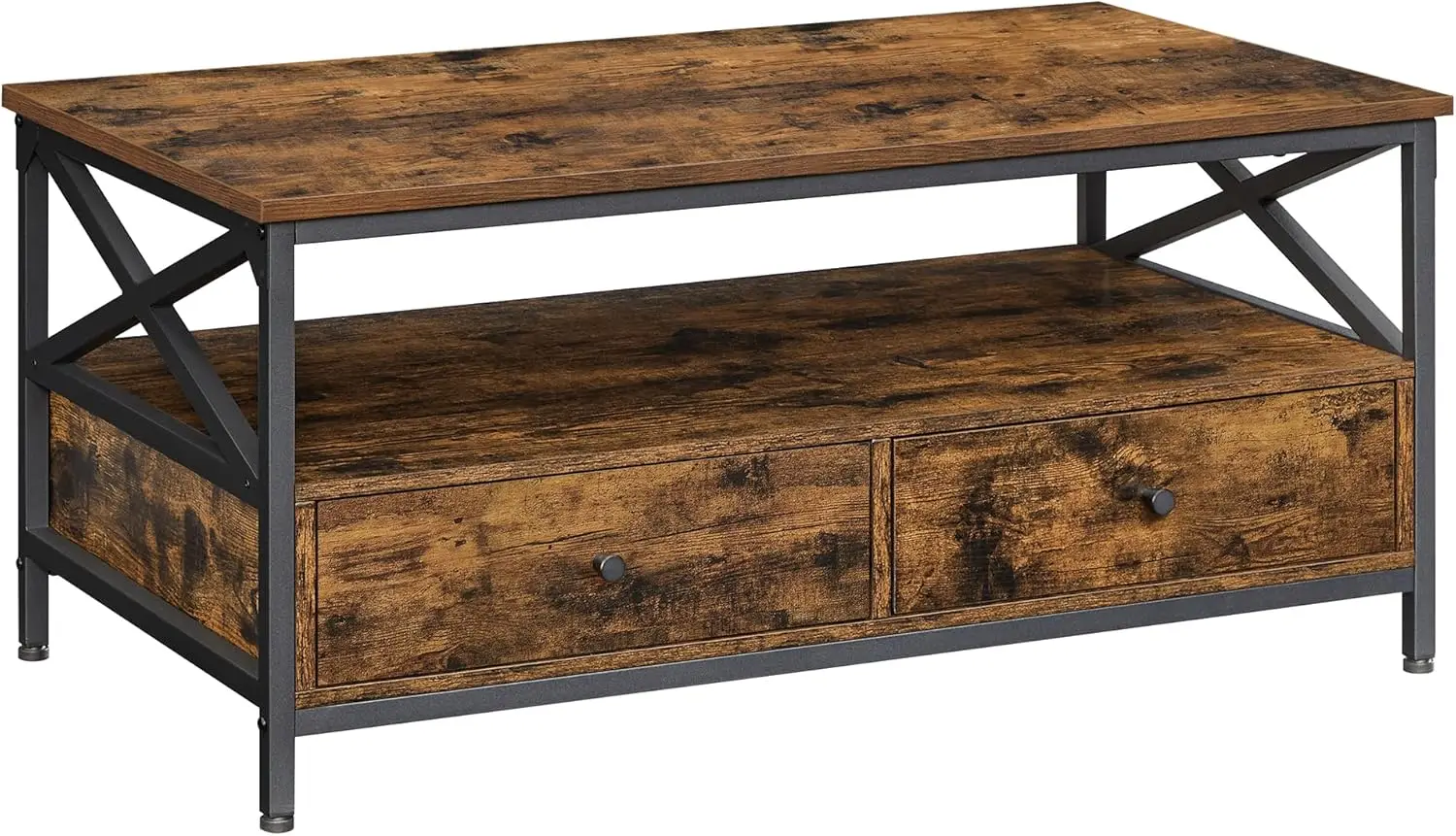 Couchtisch, Wohnzimmertisch, Sofatisch, Wohnzimmer, mit Schubladen, X-Shaped Streben, offenes Fach, Industriedesign, Vinta