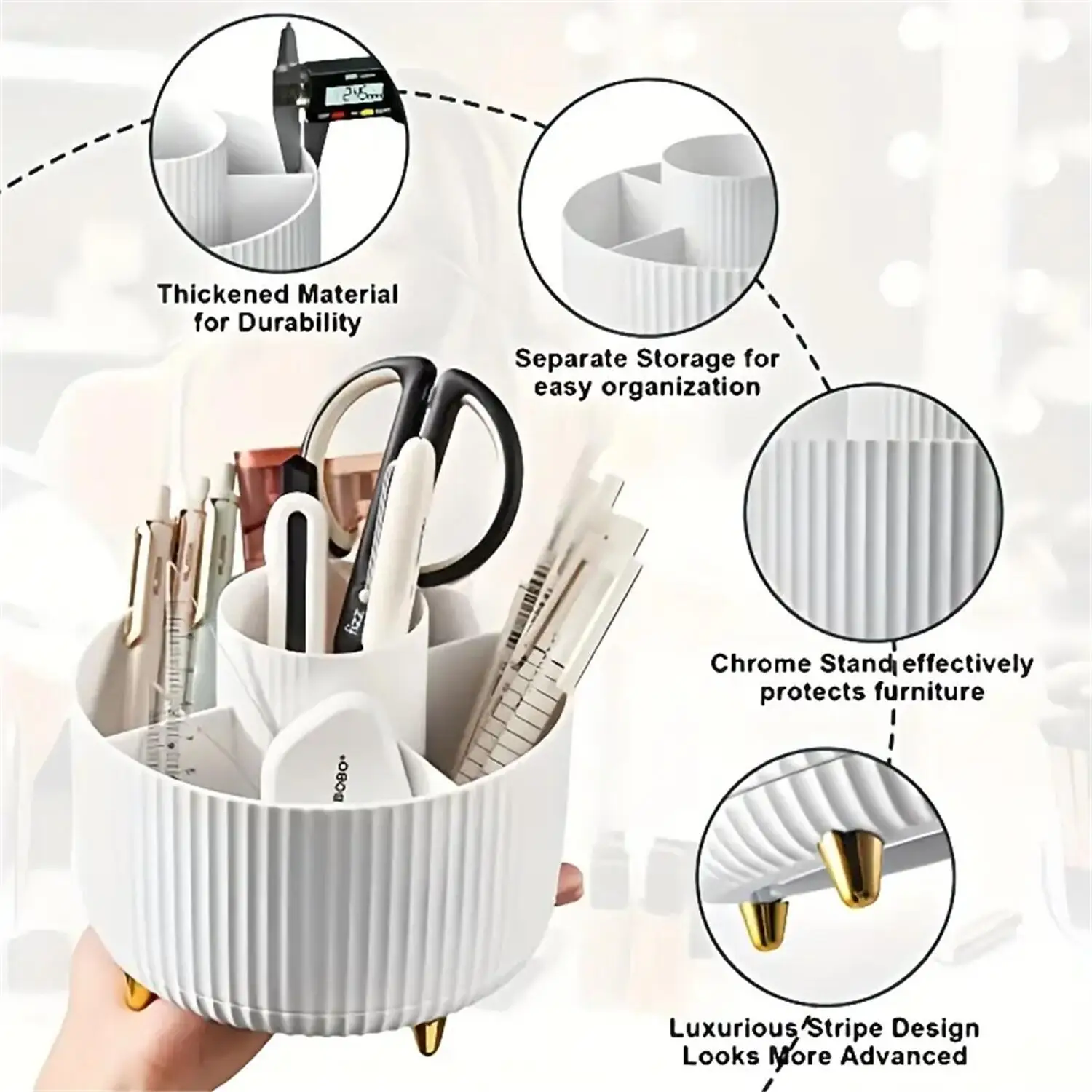 360 °   Organizador de maquillaje giratorio, almacenamiento de cosméticos de plástico de 1 pieza con 5 compartimentos, soporte multifuncional para brochas