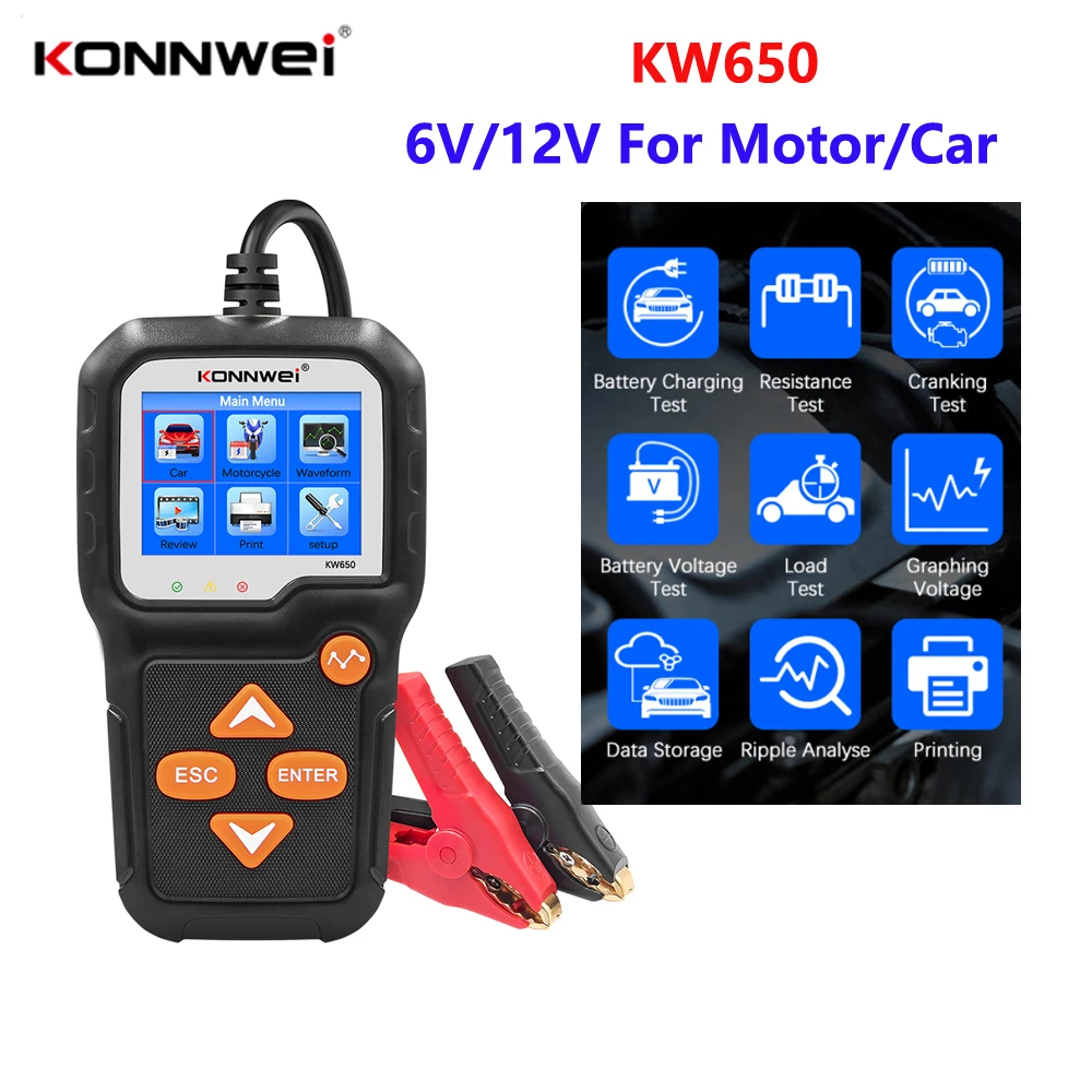 KONNWEI KW650 รถรถจักรยานยนต์เครื่องทดสอบแบตเตอรี่ 6V 12V เครื่องวิเคราะห์แบตเตอรี่อัตโนมัติ 100 ถึง 2000 CCA รถ Moto Cranking ชาร์จเครื่องมือทดสอบ