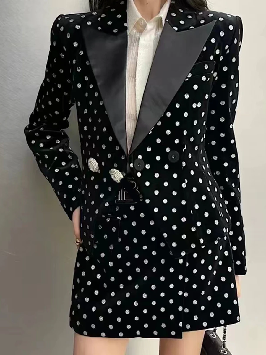 GALCAUR Polka Dots Schlank Blazer für Frauen Kerb Kragen Langarm Patchwork Diamanten Tasten Samt Mantel Weibliche Herbst Kleidung