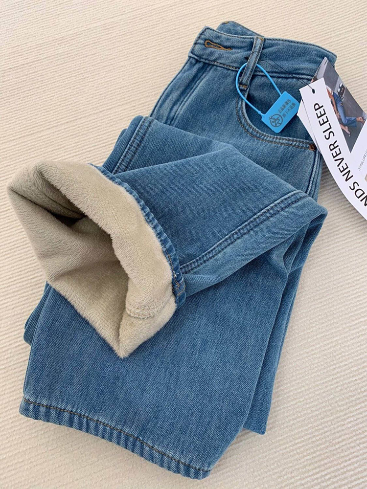 เกาหลีฤดูหนาวสูงเอว Baggy กางเกงยีนส์ขากว้าง Vintege Plush กํามะหยี่เรียงรายคาวบอย Casual Vaqueros แฟชั่นผู้หญิงใหม่ DENIM กางเกง