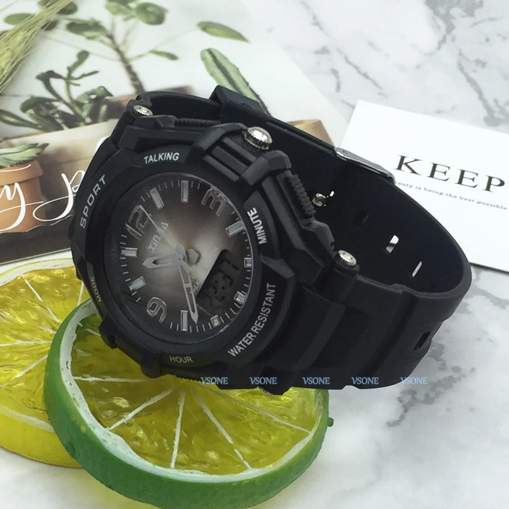 Italienische Analog-Digital Dual Display Reden Armbanduhr w/Alarm für die Blinde und Niedrigen Vision, mit Schwarz Ruber Strap 861ZTI