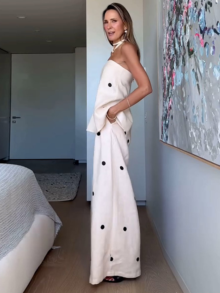 女性用2ピースプリント衣装,カジュアルパンツセット,ノースリーブ,ホルタートップ,スリット,ワイドレッグ,ルーズフィット,女性用ファッション,新しいコレクション2020