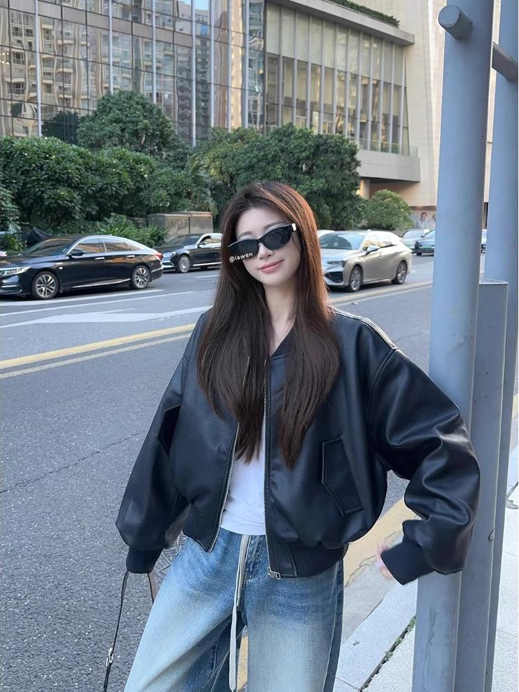 Black Zipper Stand Collar PU Leather Jacket Women's Autumn Winter Loose Casual Motorcycle Jacket Vintage American Sle