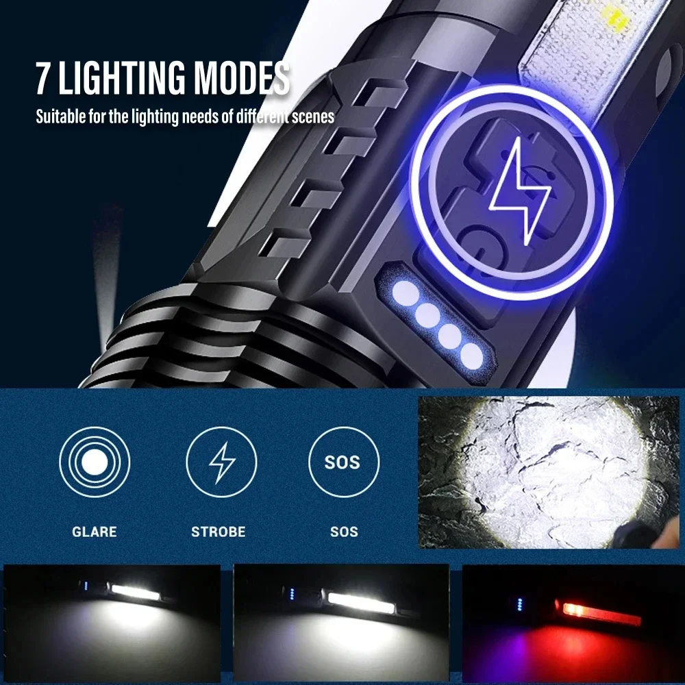 Potente linterna LED XHP50, resistente al agua, 18650 con luz lateral, 7 modos, linterna para acampar y pescar, lámpara con Zoom recargable por USB