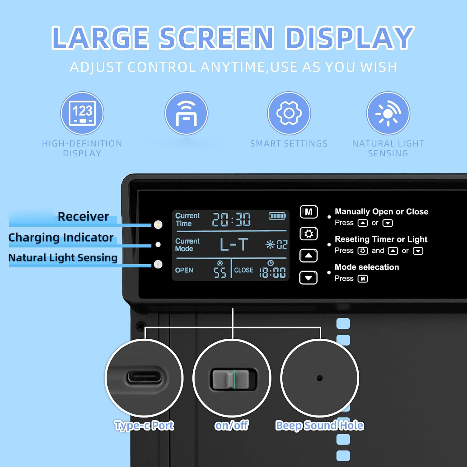 Porta automática solar para galinheiro, porta automática para frango, movida a energia solar e carregamento USB, 4 modos com temporizador e sensor de luz