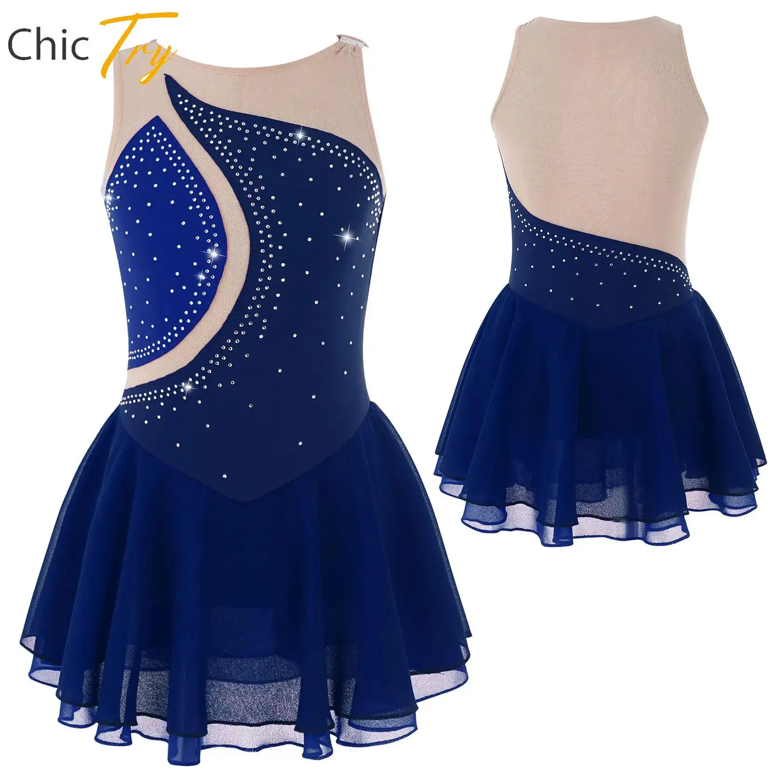 Eiskunstlaufkleid für Kinder, Mädchen, Performance-Kostüme, Strass-Mesh-Spleiß, Ballett, Tanz, Kleider, Gymnastik-Trikots