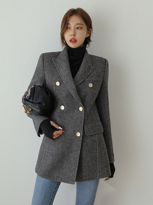 Spring Autumn 2025 New Sle Woolen Coat Slim Fit Middle Length Tweed Buttoned Women's Suit Jacket Fashionable Elegant