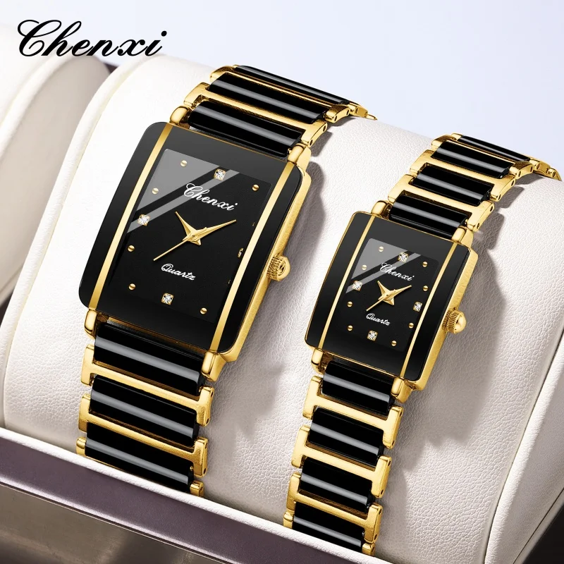 CHENXI 104A แฟชั่นนาฬิกาควอตซ์สําหรับคู่ Elegant Square Dial เซรามิคนาฬิกากันน้ํา Casual ผู้ชายผู้หญิงนาฬิกาข้อมือ