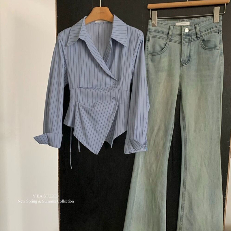 Frauen Mode Retro Gestreiften Druck Geraffte Unregelmäßige Design Shirts Büro Dame Elegante Spitze Up Bluse Casual Langarm Schlank Tops