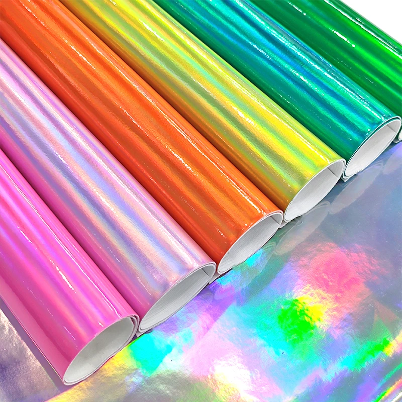 Roll Holographic Glossy kulit imitasi lembar kain untuk membuat pita rambut tas anting-anting DIY kerajinan jahit 46x135CM