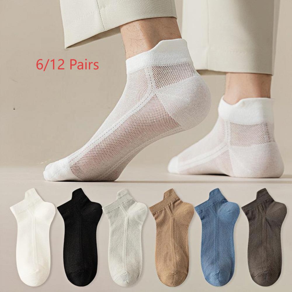 6/12 pares de calcetines de boca baja de color sólido de verano para hombre, calcetines cortos transpirables de malla, calcetines cortos finos que no se caen al talón