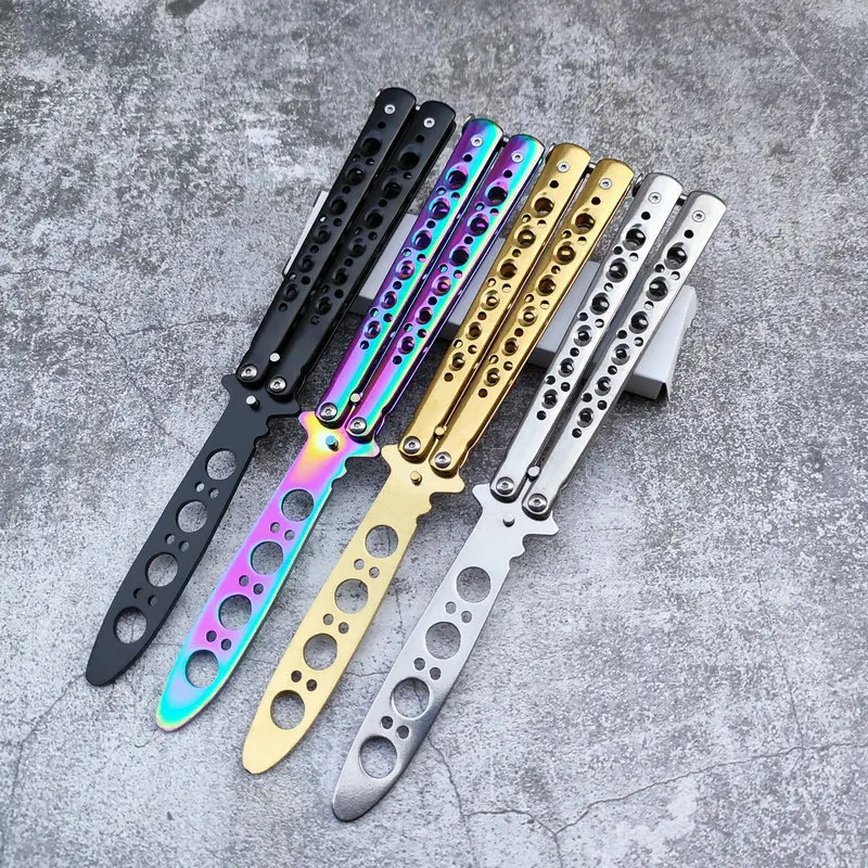 1pc Coltelli a farfalla Principiante Principiante Pratica Coltello di scarico Manutenzione Pila rotta gratuita All'aperto Lama non tagliata in acciaio