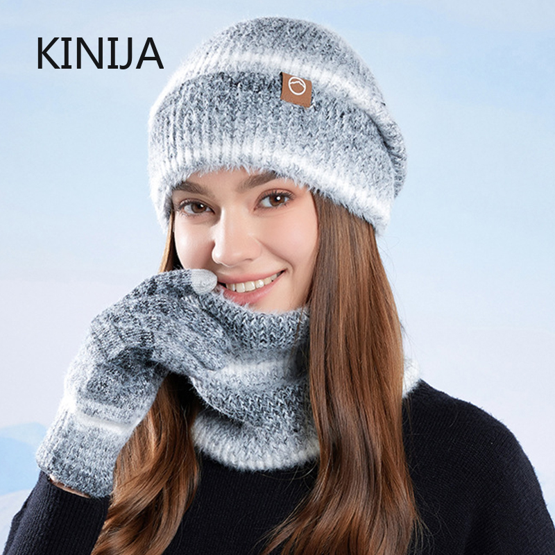 Winter Cap Gloves Scarf Set Women GradientColor Knitted Hat Thickened Fleece Lining Skullcap Outdoor Cycling Windproof Beanies