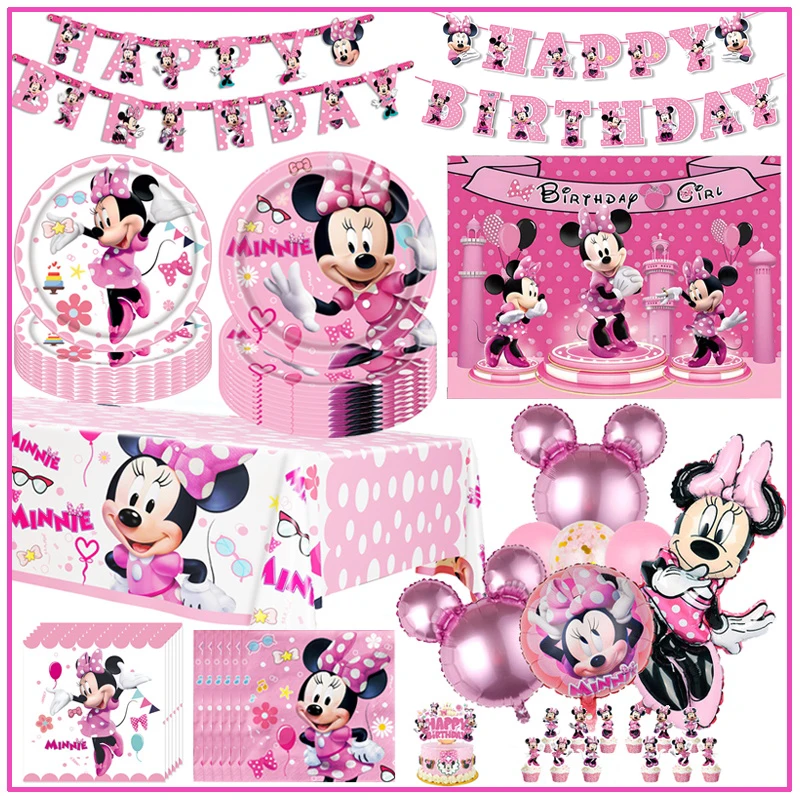 Decoración de fiesta de cumpleaños de Minnie Mouse de Disney, vasos de papel de Minnie rosa, platos, servilletas, mantel, vajilla, Balloosn, Baby Shower, chico
