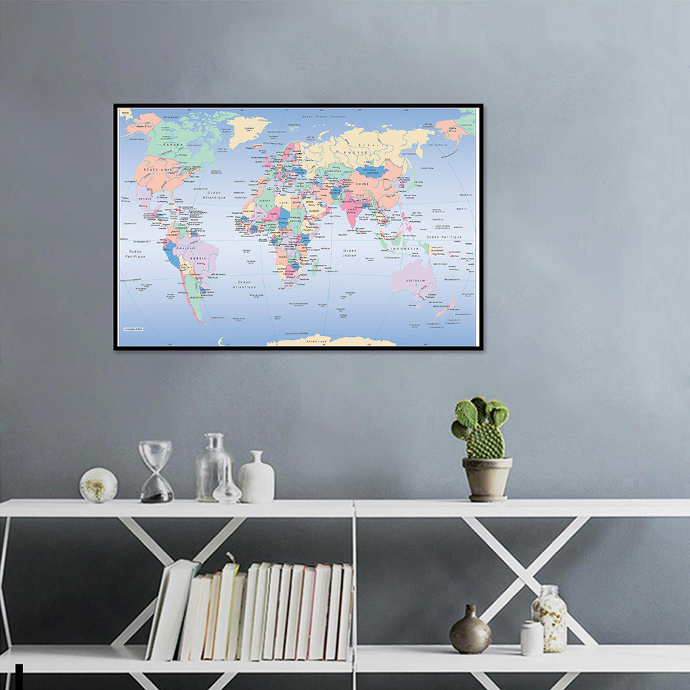 59x42 ซม.World แผนที่ A2 ขนาดแผนที่โลกภาษาฝรั่งเศสคําผ้าใบโปสเตอร์ตกแต่งแขวนภาพ Office & โรงเรียนซัพพลาย