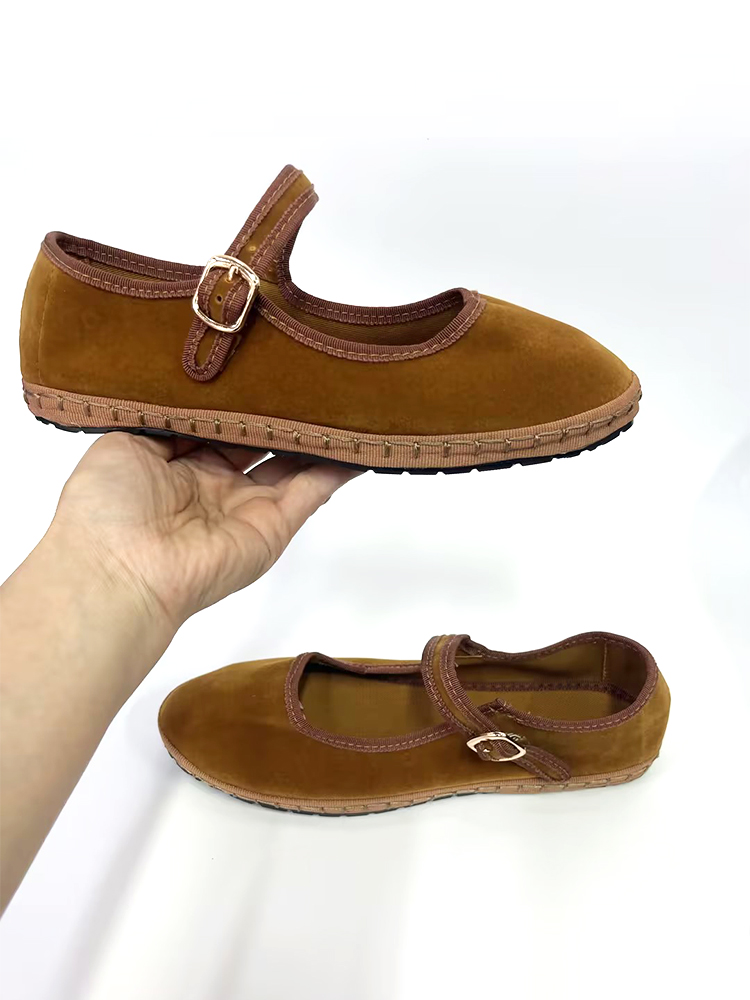 Zapatos Mary Jane de terciopelo para mujer, ropa de calle informal con puntadas a mano, bailarinas, zapatos de tacón de tela roja de Color sólido, mocasines