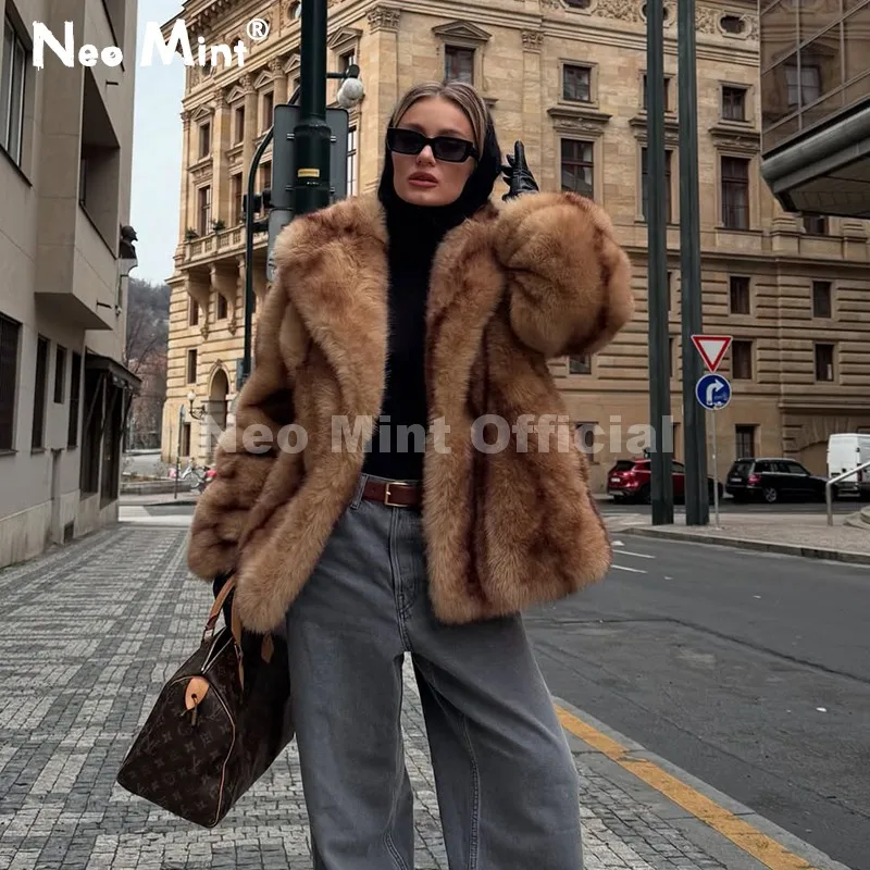 Neo mint marca de luxo moda feminina amarelo listrado jaqueta de pele do falso casaco chique meninas 2025 inverno oversized quente outerwear casaco