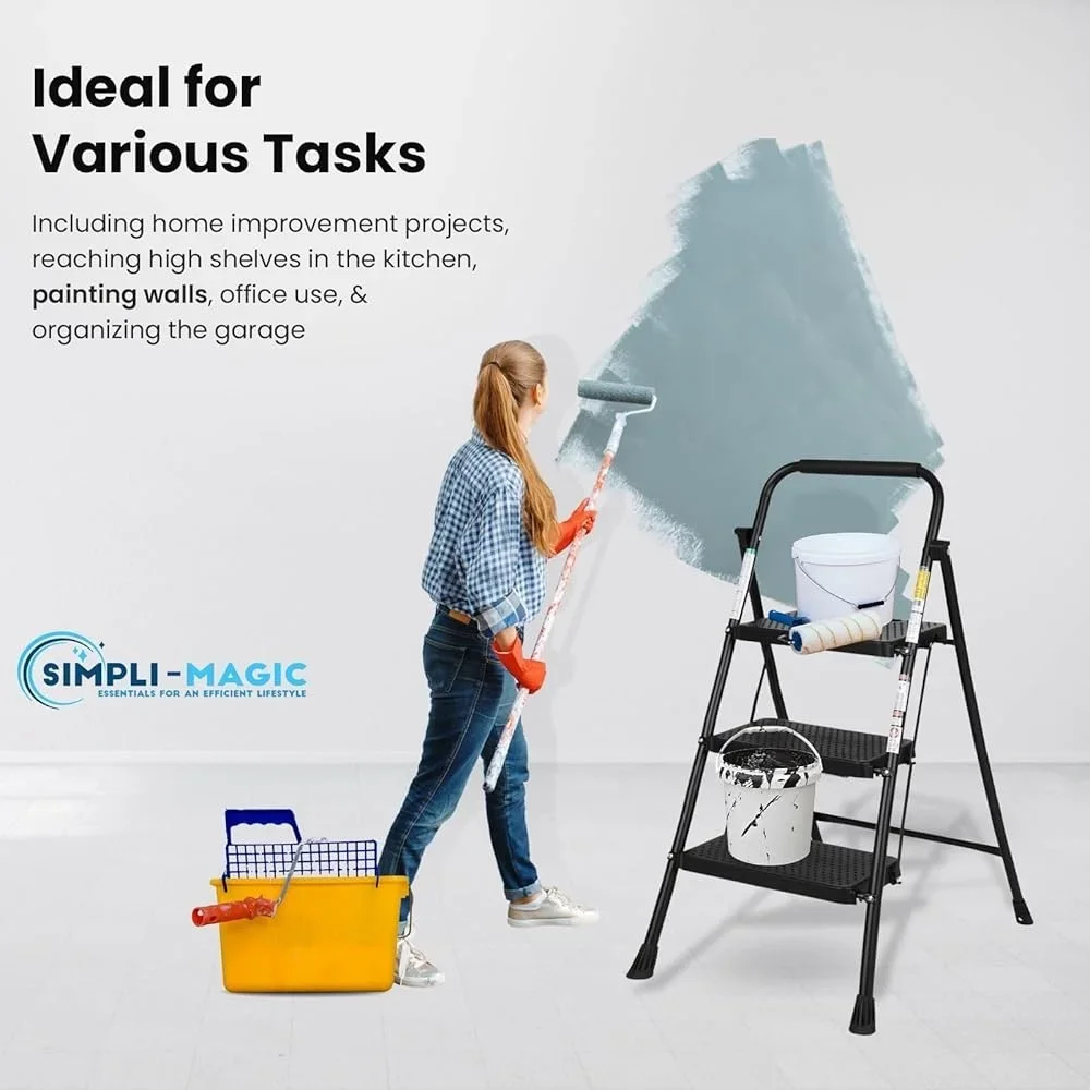 3-Step Folding Ladder 800lbs Capacity Non-Slip Wide Steps Handgrip ANSI Certified Lightweight Durable Portable Step Stool