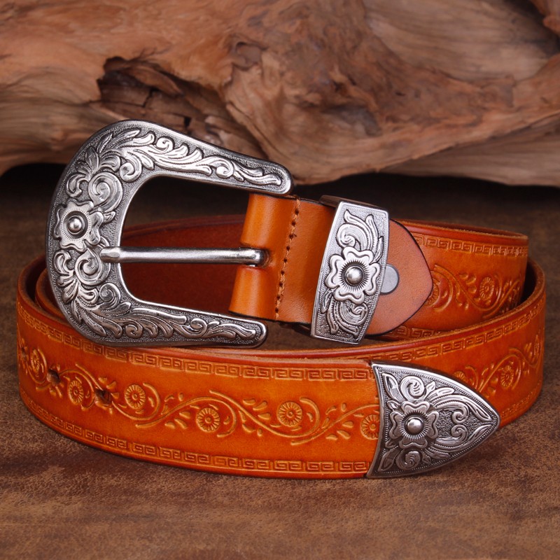 Cinturón con hebilla de acero de vaquero occidental en relieve estilo clásico de alta calidad, cinturón de diseñador de cuero genuino para hombres, cinturones vaqueros Punk para hombres