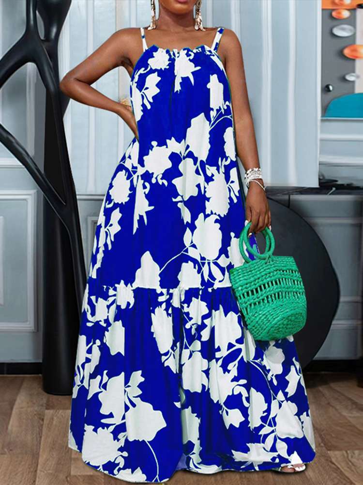 VONDA-女性のボヘミアンドレス,ラージサイズ,ノースリーブ,ヴィンテージプリント,マキシ,ロングサマードレス,セクシーなストラップ,カジュアル,ルーズ,フリル,ビーチウェア