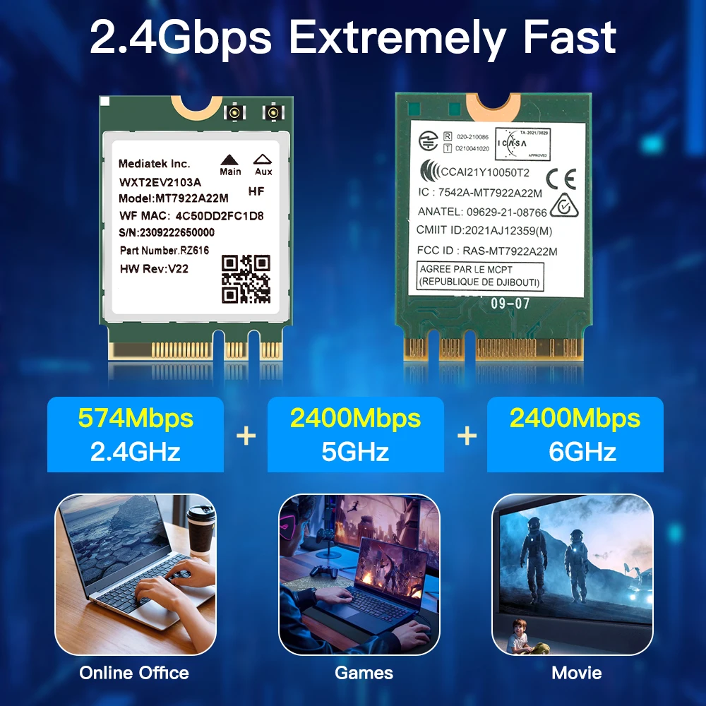 Беспроводная карта Wi-Fi 6E MT7922 M.2 5374 Мбит/с Сетевой адаптер Bluetooth 5.2 802.11ax 2,4G/5G/6 ГГц MediaTek MT7922 MU-MIMO Win 10 11