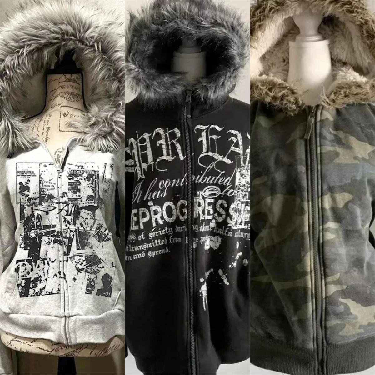 Płaszcze damskie w stylu gotyckim subkultury z kapturem, vintage koreańskie kurtki Harajuku, czarne kurtki, płaszcz ze sztucznego futra, luźna damska bluza codzienna