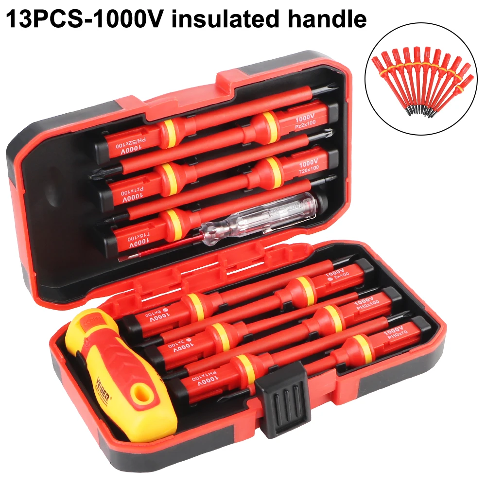 Para herramientas manuales de electricista, juego de destornilladores con puntas ranuradas Phillips aisladas, multifuncional, 13 Uds., destornillador magnético de 1000V