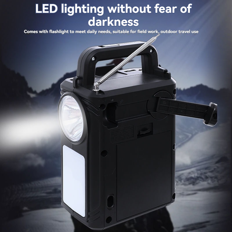 비상 FM 라디오 휴대용 태양열 충전 야외 캠핑 라이트 과체중 저음 모노 USB 포트 내장 스피커