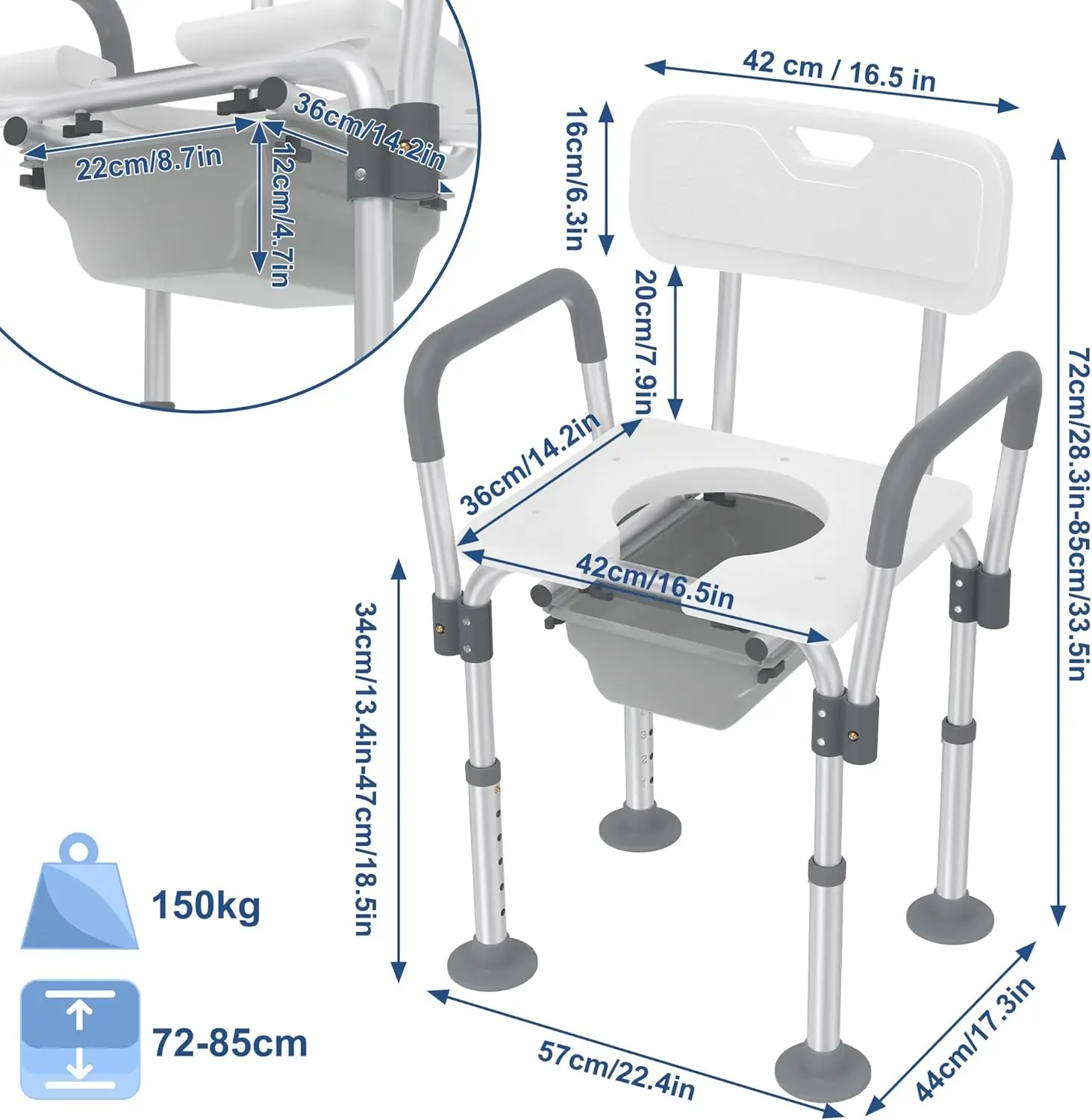 Toilettenstuhl Shower Stool Height Adjustable 2-in-1 Duschstuhl Badhocker Nachtstuhl mit Bucket, Armrest and Backrest WC-Chair