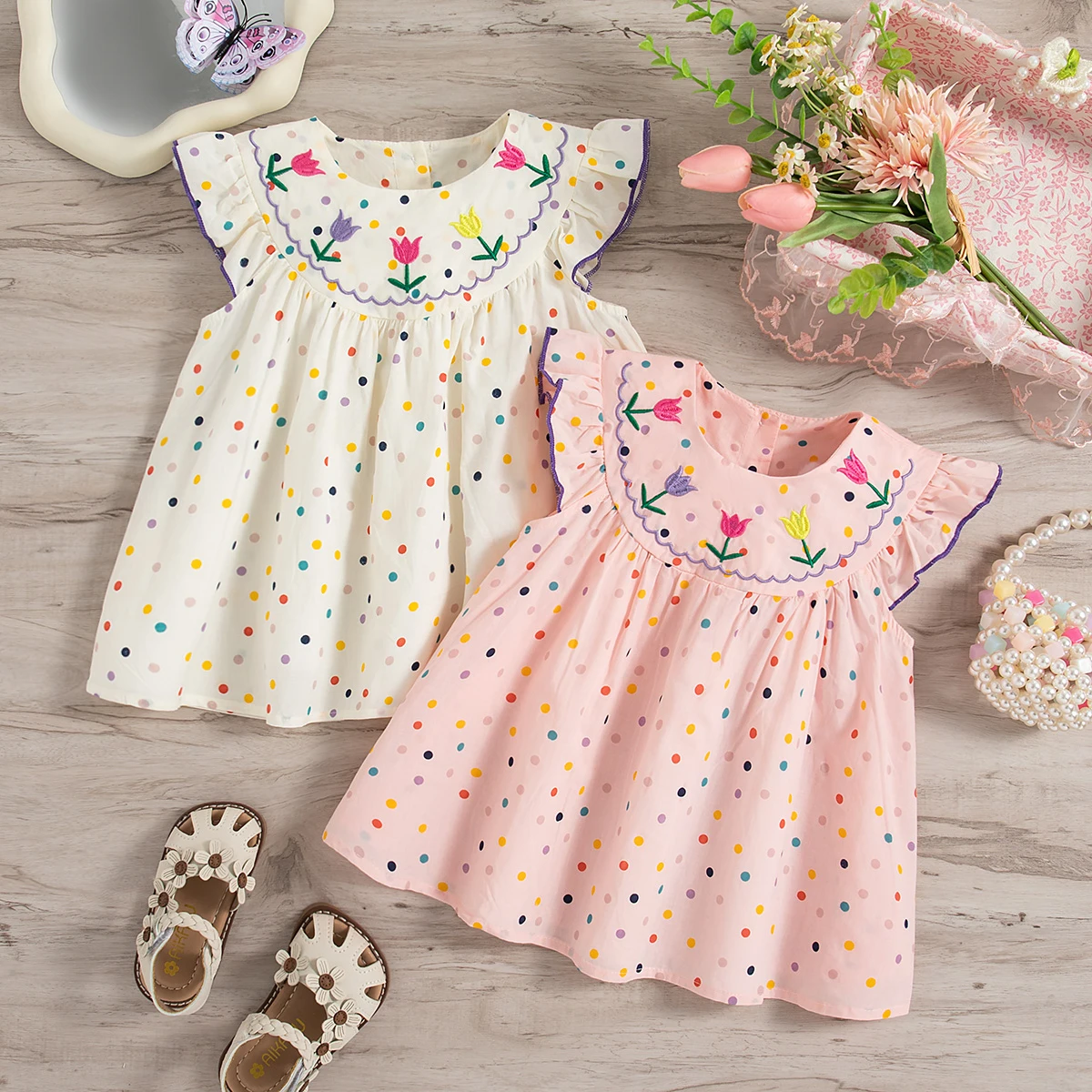 Vestido de verão para meninas, vestido colorido de bolinhas com bordado de flores, vestido de princesa fofo para meninas, vestidos de praia
