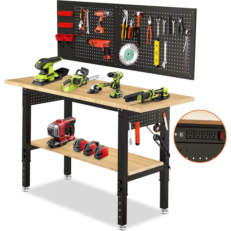 60“ Adjustable Height Workbench Work Bench for Garage Work Table with Under Table Shelf Heavy Duty Rubber Wood Top