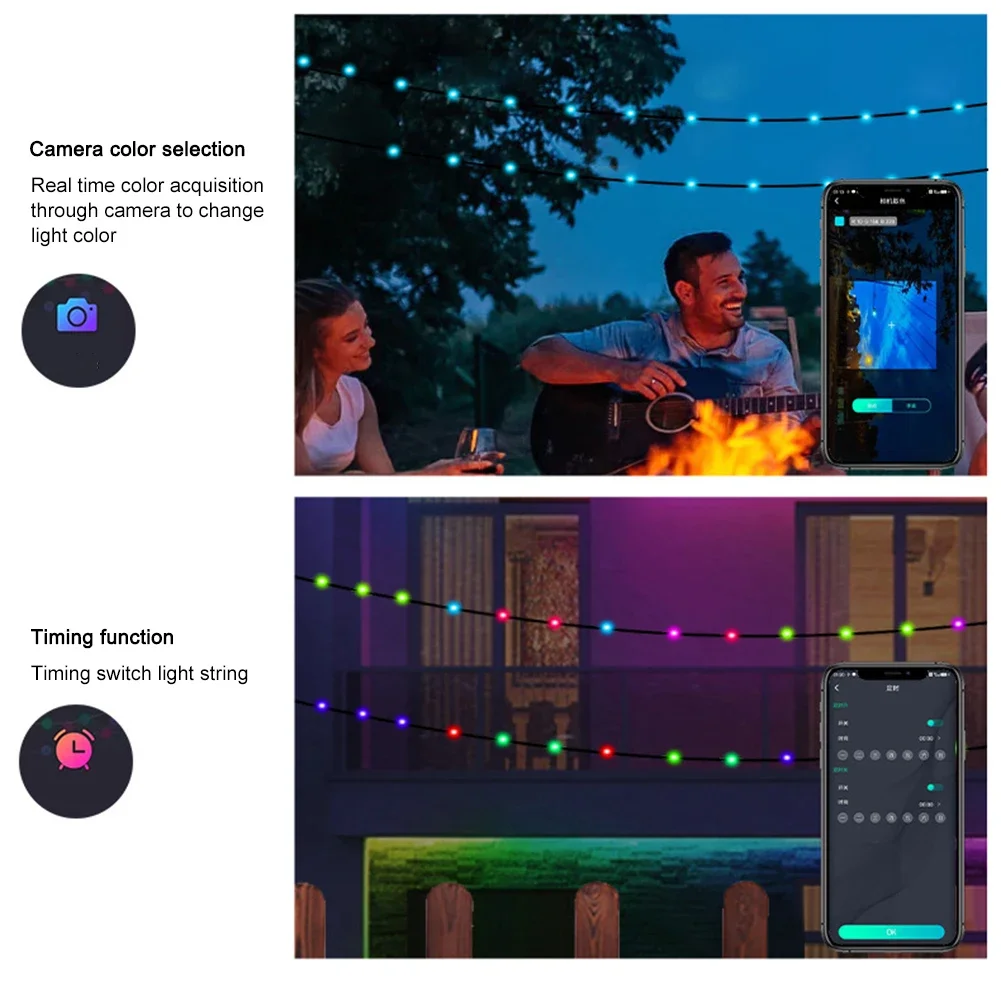 Cadena de luz decorativa navideña LED IP65 impermeable RGB IC Color con Control por aplicación para decoración al aire libre en fiestas navideñas
