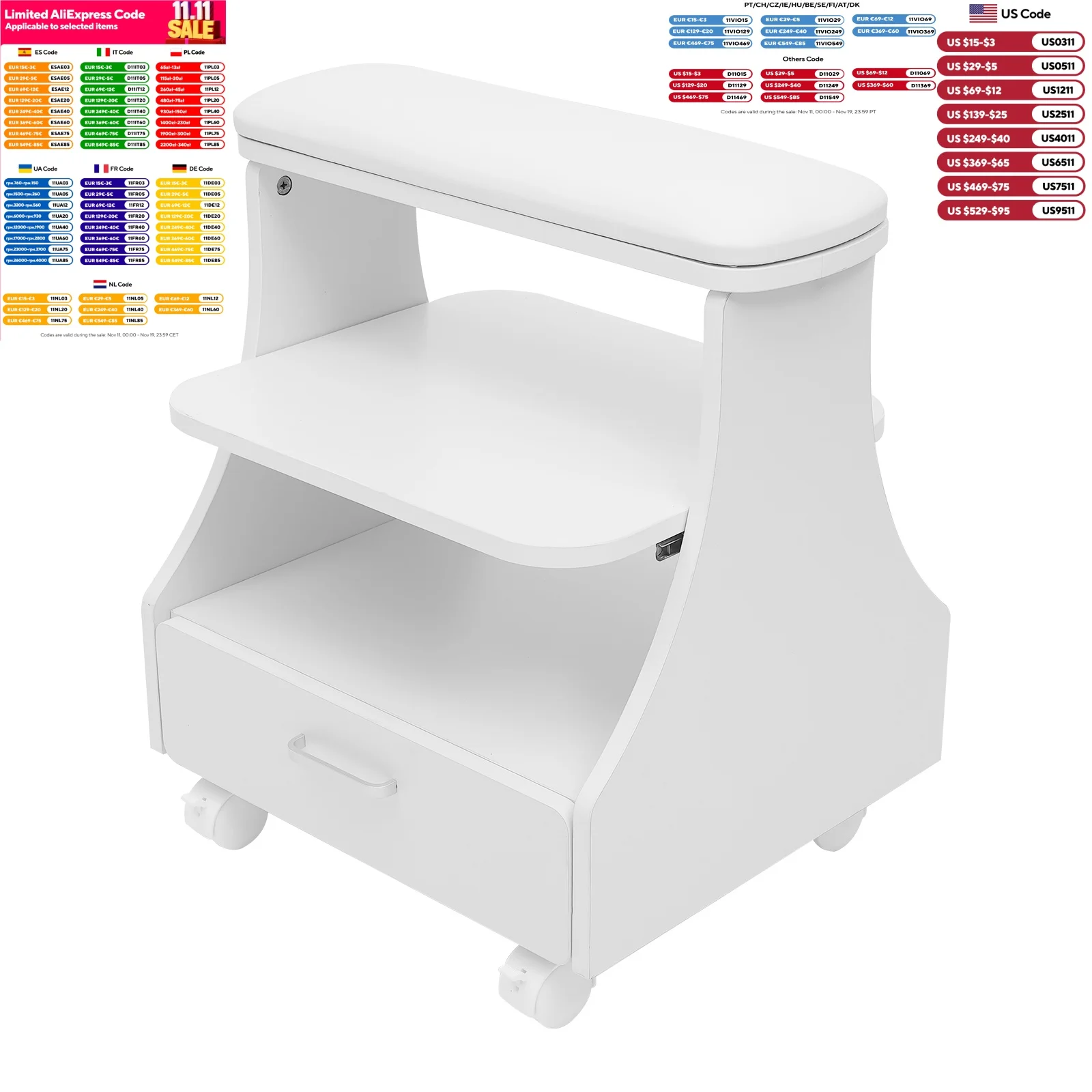Descanso para os pés de 3 camadas, banco para manicure, pedicure, carrinho para banho de pés com 4 rodízios para lojas de salão de beleza, 50kg, branco/preto/rosa